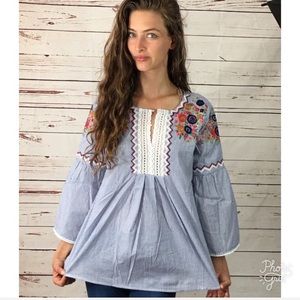 Floral Embroidered Boho Top in Blue/White